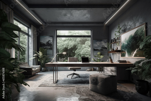 Minimalist home office All-grey color palette. Centered perspective. Interior Design