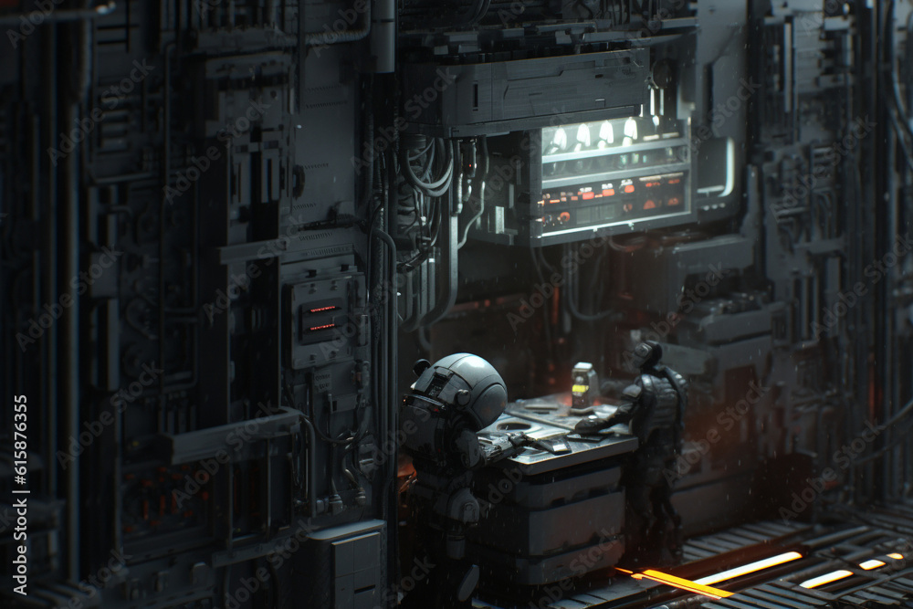 Factory Manufacturing Futuristic 3D Sci fi Science Fiction Industrial Robot Technology Production Cyberpunk Generative AI Revolution Age Factory Manufacturing Futuristic 3D Sci fi Science Fiction Industrial Robot Technology Production Cyberpunk Generative AI Revolution Age