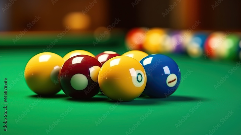 Billiard balls in a green pool table, billiard game. Generative AI Billiard balls in a green pool table, billiard game. Generative AI