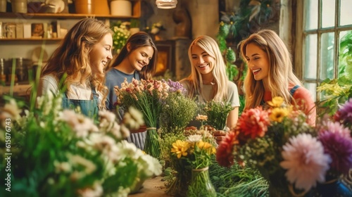 a group of young women attending to a flower arrangement workshop