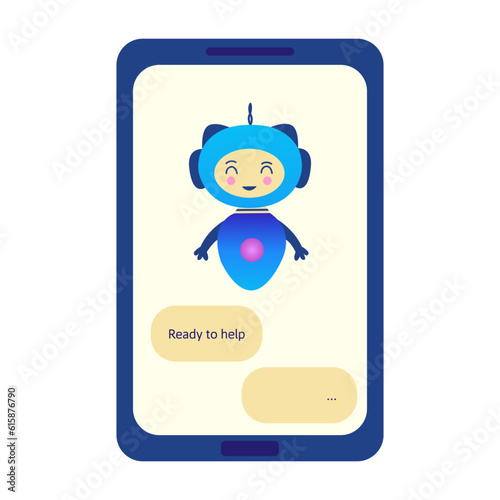 Chatbot on the phone is ready to help. Question answering virtual assistant, artificial intelligence. Smart assistant in mobile application. Colorful vector isolated illustration flat