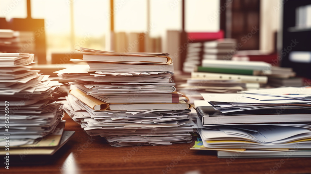 Obraz premium Piles of old books on a table in blur background