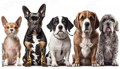 Cute dogs of different breeds are sitting. Banner. AI generated © Olena Dziuba