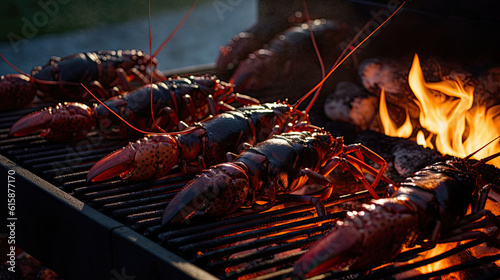 crays cooking on the grill with flames in the background and some smoke coming from them to be eaten