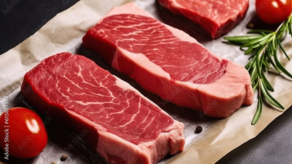 Raw strip loin steaks on baking paper. Generative AI