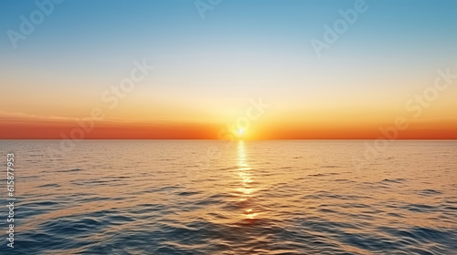 Beautiful seascape of sun setting over calm azure water with wind patterns and clear blue orange gradient sky without clouds. Generative AI © Gasspoll