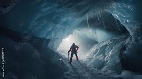 Adventurous male mountain climber skiing under ice cave