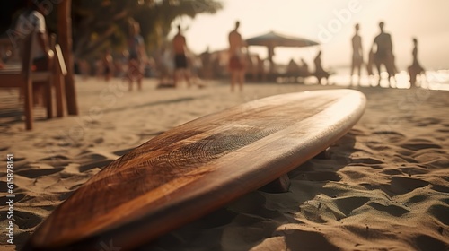 Tabla de surf en primer plano en una playa paradisíaca en verano. Generado por IA.