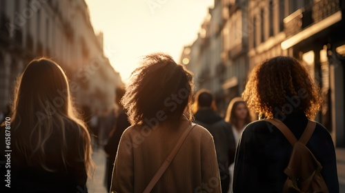 Mujeres de diversidad social paseando por una ciudad. Generado por IA.