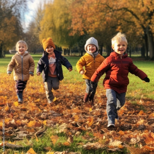 Happy children play on a nature walk outdoors between trees with autumn colored leaves, generative AI.
