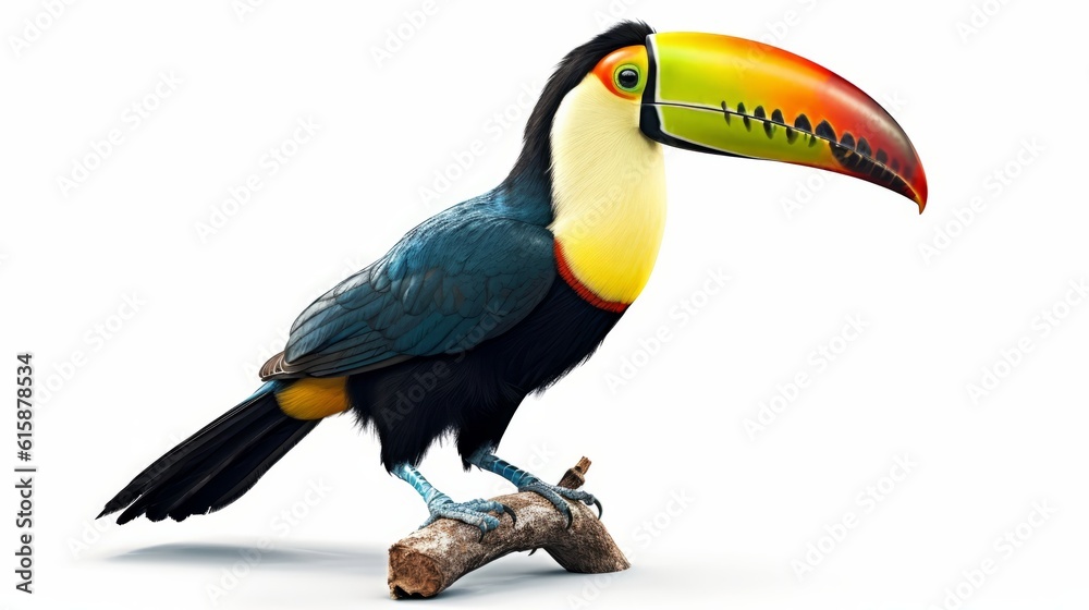 Beautiful colorful toucan isolated on a white backgroud. Generative AI.