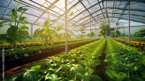 Greenhouse for growing vegetables with hydroponics. Generative AI.