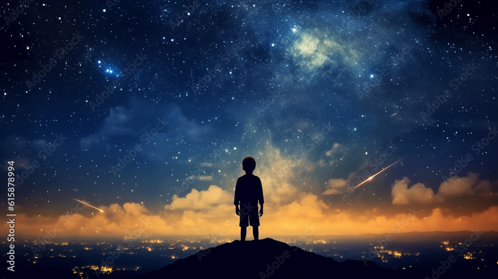 child looks at the night sky