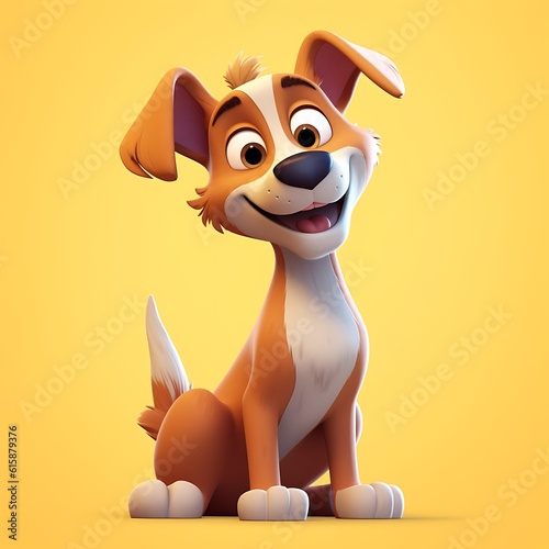 Cartoon dog sitting on yellow background, 3d render illustration ai generated