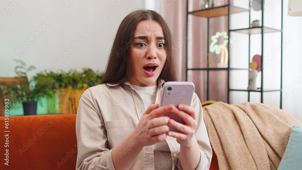 Sad Displeased Young Woman Use Smartphone Typing Browsing Loses