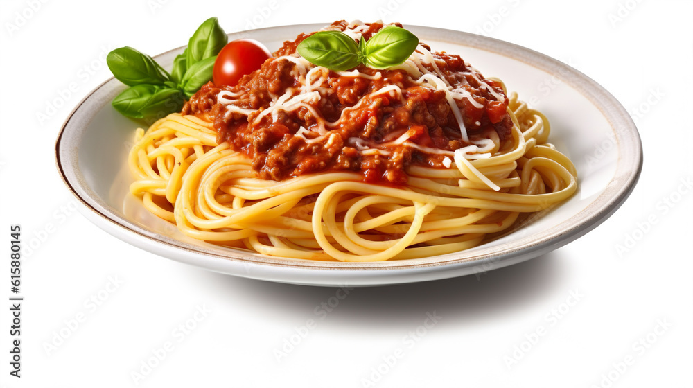 Ein Teller spaghetti, Nudeln, Bolognese, isoliert, freigestellt, generative AI Ein Teller spaghetti, Nudeln, Bolognese, isoliert, freigestellt, generative AI