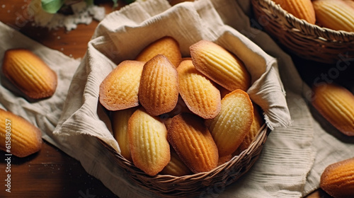 Freshly baked madeleines. AI photo