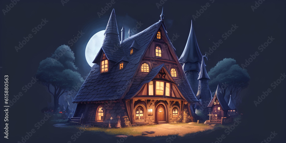 A fabulous big wooden house in the forest on a dark night background. Ai generation
