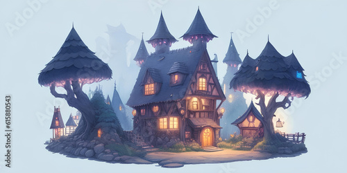 A fabulous large wooden house in a magical forest, halloween motif on a light blue background, fantasy illustration. Ai generation