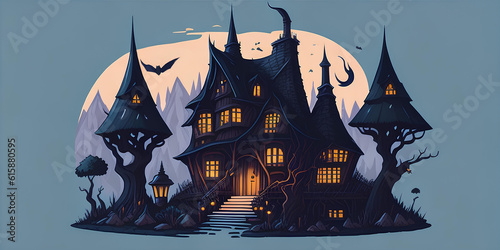 A fabulous large wooden house in a magical forest, halloween motif and fantasy on a light blue background, fantasy illustration. Ai generation photo