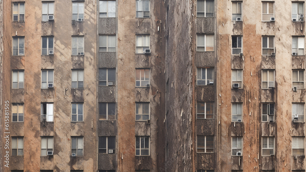 A rotten skyscraper covered in mold, created with AI Generative Technology