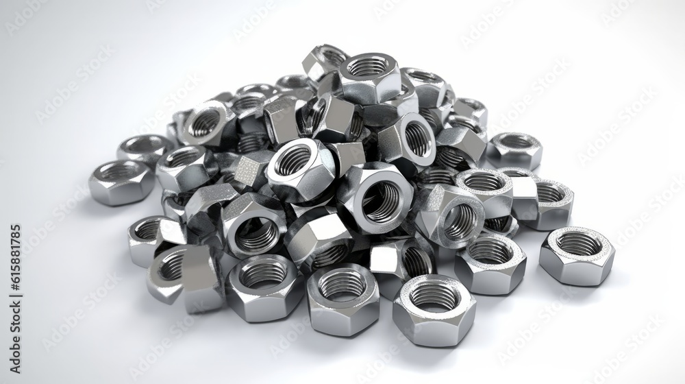 Bunch of Steel Hex nuts on a white background. Generative AI Bunch of Steel Hex nuts on a white background. Generative AI