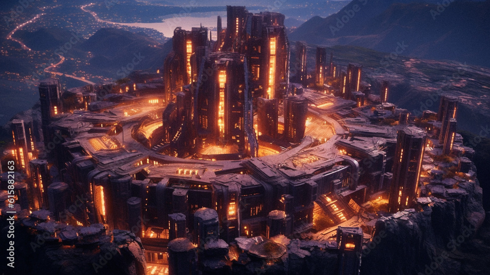 Obraz premium The ruins of a cyberpunk city in neon lights, created with AI Generative Technology