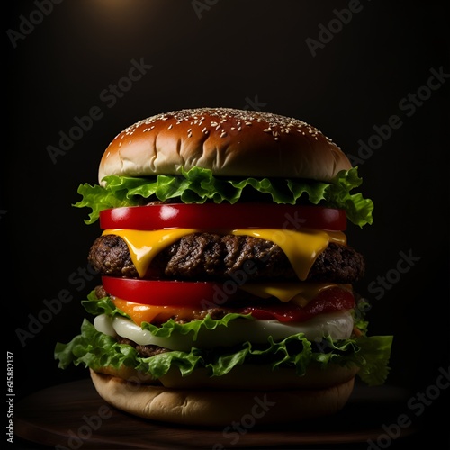 Juicy burger, huge delicious hamburger on a dark background, backlight