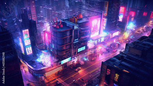 The ruins of a cyberpunk city in neon lights  created with AI Generative Technology