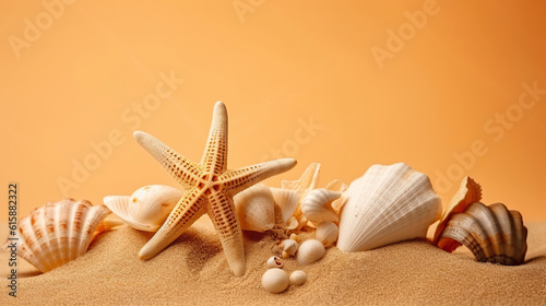 Sand with starfishes and seashells on pale orange background, Generative AI