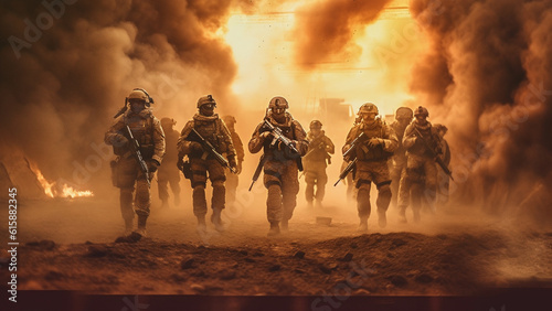 Military special forces soldier crosses destroyed warzone through fire and smoke in the desert.