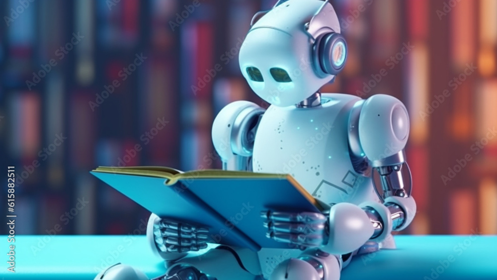 Fototapeta premium Robot humanoid reading book and solving math data analytics in concept.