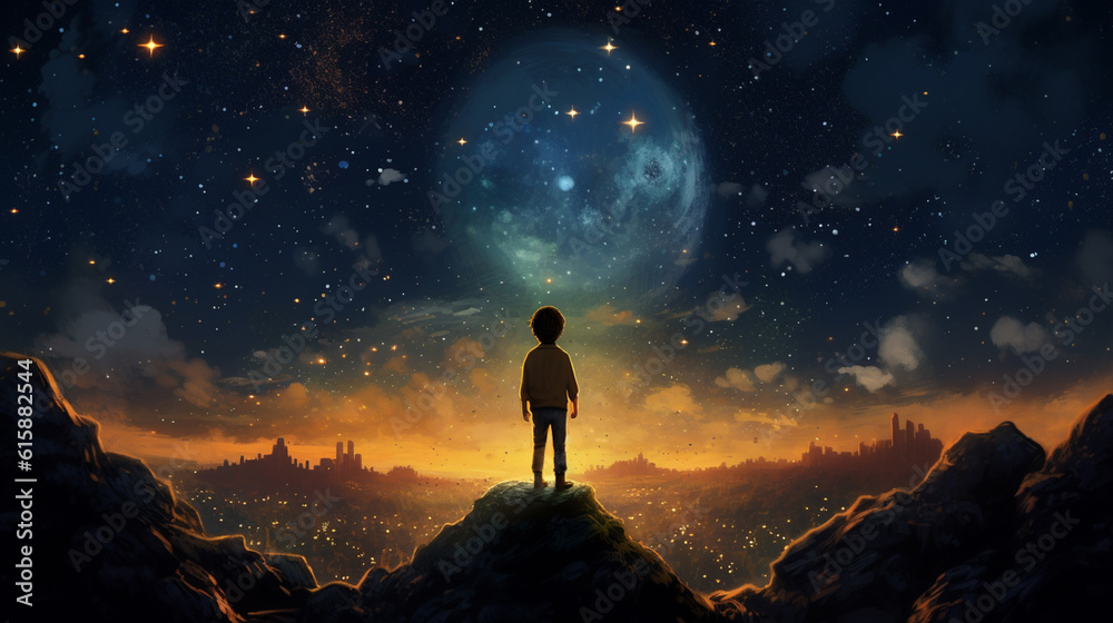 child looks at the night sky child looks at the night sky