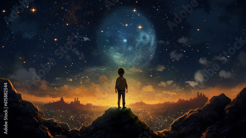 child looks at the night sky