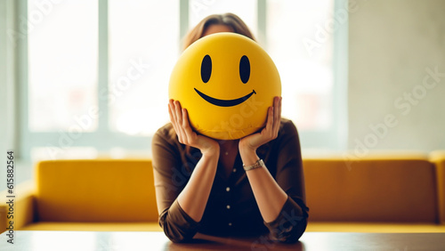 Wallpaper Mural Woman holding smile icon which is yellow color. Torontodigital.ca