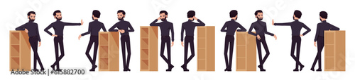 Business consultant professional male set, handsome latino man leaning on bookshelf poses. Office worker, manager in black turtleneck. Vector flat style cartoon character isolated, white background