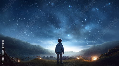 child looks at the night sky