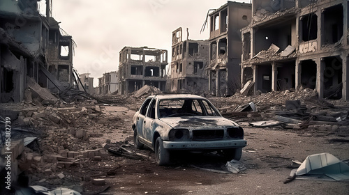 Silent Witness, A Devastated Car among the ruins of houses Amid the Desolation of a Battle-Scarred City. Generative AI