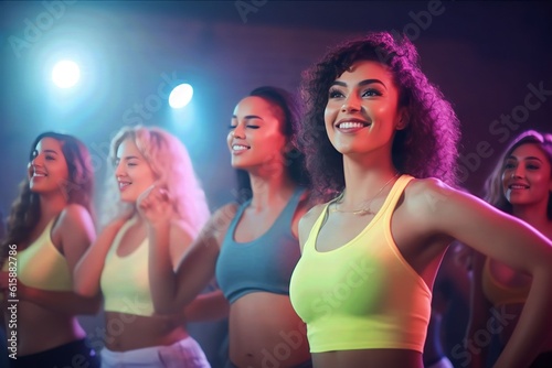 group of young women dancing together during a fitness class, Women body positivity and diversity, skin and weight, model in Fat, slim and collaboration