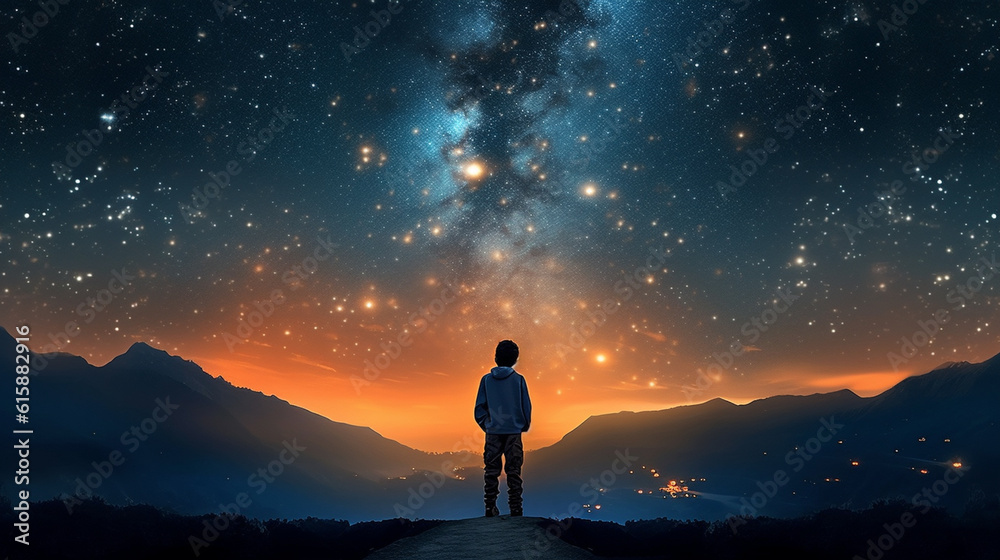 Fototapeta premium child looks at the night sky
