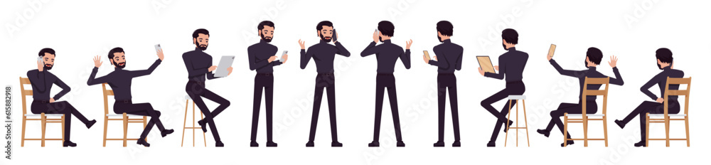 Business consultant professional male set, handsome latino man with different gadgets. Office worker, cool manager in black turtleneck. Vector flat style cartoon character isolated, white background Business consultant professional male set, handsome latino man with different gadgets. Office worker, cool manager in black turtleneck. Vector flat style cartoon character isolated, white background