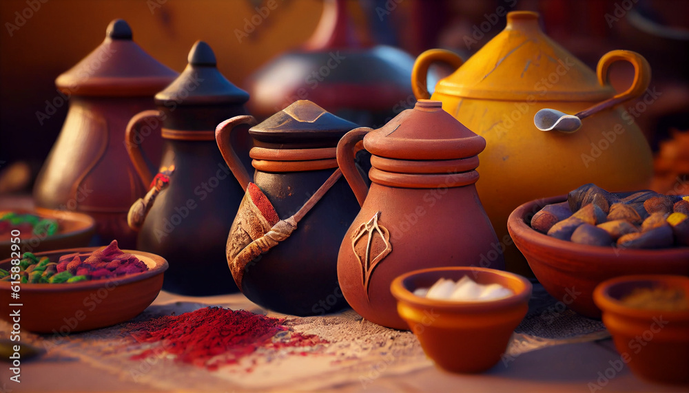 Exotic colorful spices and herbs at the market. Ceramic terracotta pots of Turkish tea. Traditional antique stall Ai generated image
