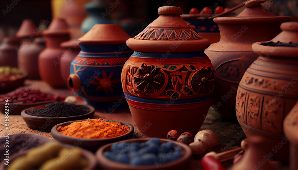 Exotic colorful spices and herbs at the market. Ceramic terracotta pots of Turkish tea. Traditional antique stall Ai generated image