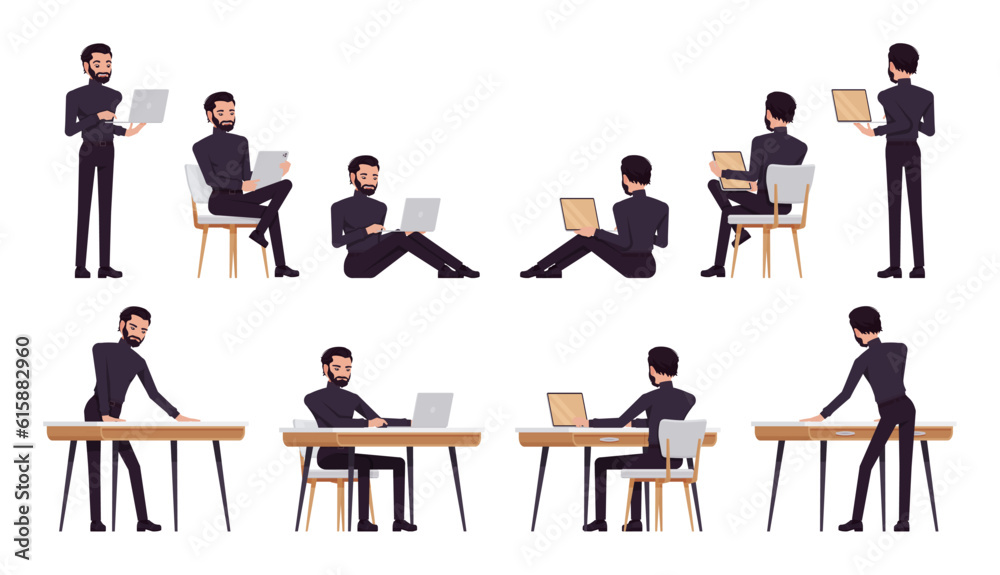 Business consultant professional male set, handsome latino man different office work poses. Office worker, manager in black turtleneck. Vector flat style cartoon character isolated, white background Business consultant professional male set, handsome latino man different office work poses. Office worker, manager in black turtleneck. Vector flat style cartoon character isolated, white background