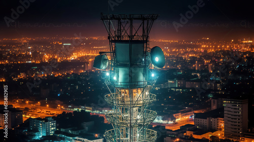 Antenna for the 5G cellular network atop a communications tower in a nighttime metropolis. Generative AI