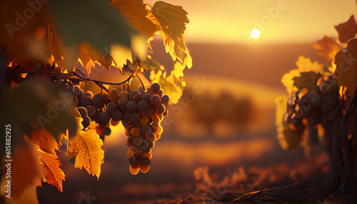 Dreamy vineyard at sunset. Golden hour grapes on the vine growing on a farm. Beautiful landscape Ai generated image