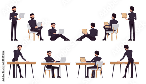 Business consultant professional male set, handsome latino man different office work poses. Office worker, manager in black turtleneck. Vector flat style cartoon character isolated, white background
