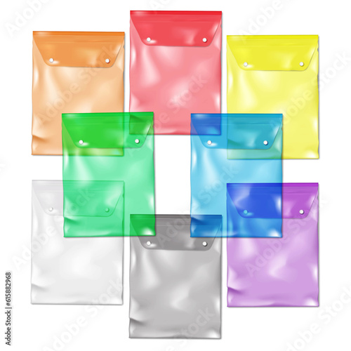 Clear plastic envelope bag with snap buttons, color vector set. Vertical document case. Colour transparent PVC file holder realistic illustration