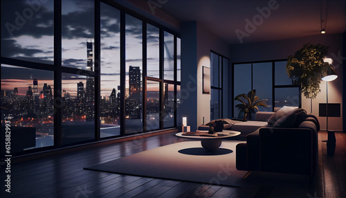  Interior luxury apartment penthouse condo. Living room at night with city landscape in floor to ceiling windows Ai generated image