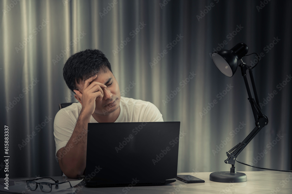 Asian stress business man working fail,The owner of the company blamed him with bad word,Thai employee serious from hard work from boss,Sad handsome guy in black suit Asian stress business man working fail,The owner of the company blamed him with bad word,Thai employee serious from hard work from boss,Sad handsome guy in black suit